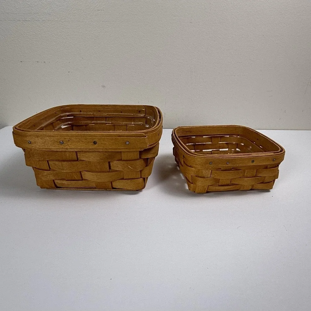 Vintage Longaberger Basket Set Of 2 Brown Handwoven Wood W Plastic Liners USA